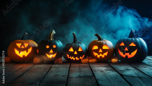 Halloween pumpkin lantern lamp Jack-o'-lantern on a wooden table, dark background with mystic fog, steam, mist