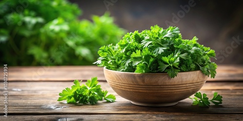 Fresh parsley in bowl on table low angle view, concept of healthy living