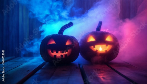Halloween pumpkin lantern lamp Jack-o'-lantern on a wooden table, dark background with mystic fog, steam, mist