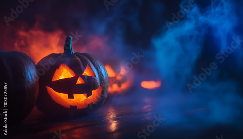 Halloween pumpkin lantern lamp Jack-o'-lantern on a wooden table, dark background with mystic fog, steam, mist