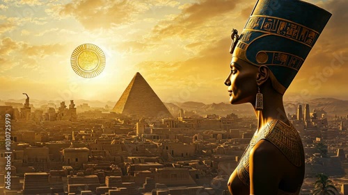A golden statue of Queen Nefertiti stands in profile, overlooking a bustling ancient Egyptian city