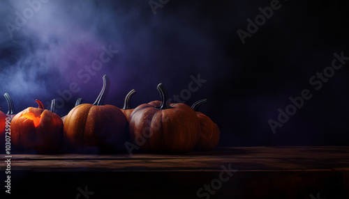 Halloween pumpkin lantern lamp Jack-o'-lantern on a wooden table, dark background with mystic fog, steam, mist