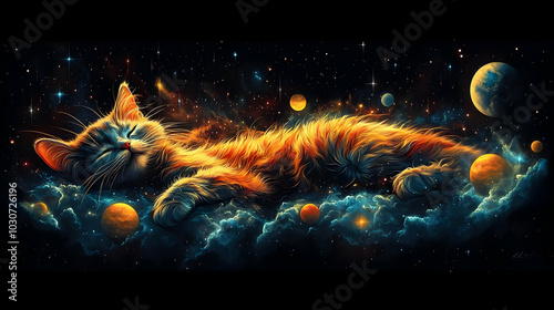 A cosmic cat peacefully sleeping among vibrant planets and stars.