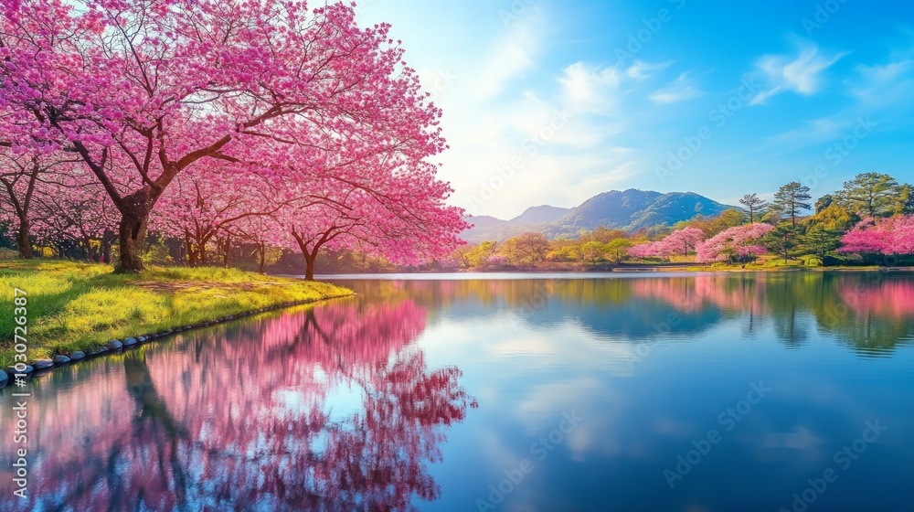 A picturesque scene of a serene lake surrounded by vibrant pink cherry blossom trees, reflecting a stunning blue sky with fluffy clouds. A picturesque scene of a serene lake surrounded by vibrant pink cherry blossom trees, reflecting a stunning blue sky with fluffy clouds.