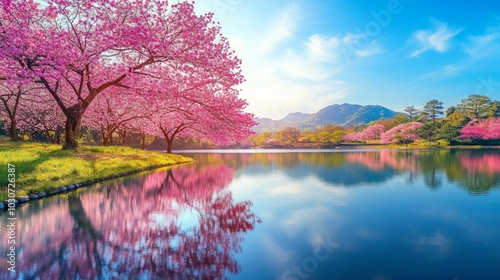 A picturesque scene of a serene lake surrounded by vibrant pink cherry blossom trees, reflecting a stunning blue sky with fluffy clouds. photo