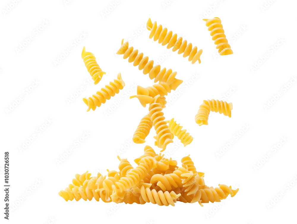 Flying falling fusilli pasta isolated on transparent or white background png Flying falling fusilli pasta isolated on transparent or white background png