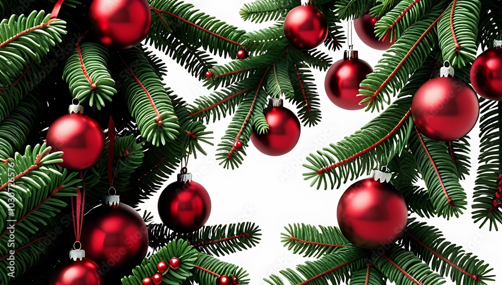 Fototapeta premium fir tree branches red green decorations white background