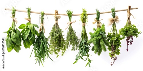 Fresh herbs hanging isolated on copy space background Wide-Angle
