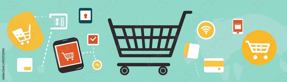 Illustration of a shopping cart with various digital elements representing online shopping and e-commerce on a green background. Illustration of a shopping cart with various digital elements representing online shopping and e-commerce on a green background.
