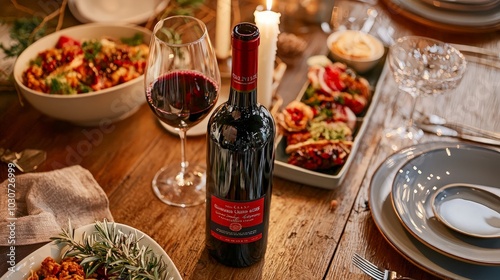 A bottle of red wine and a glass of wine are on a wooden table set for a dinner party with plates, food, and candles.