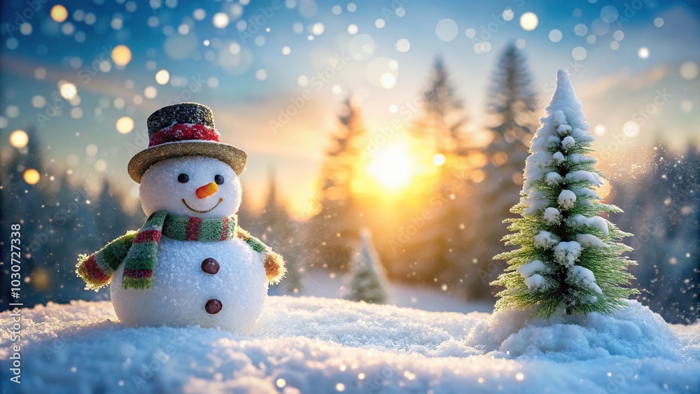 Obraz premium Frosty winter landscape with snowman and blurred Christmas lights