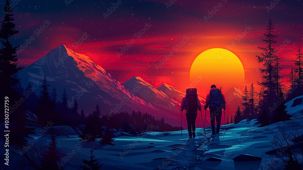 Fototapeta premium A pair of friends hiking at dusk, capturing the essence of teamwork, motivation, and exploration. Majestic scenery and the freedom of nature inspire confidence, growth, and passion. High resolution