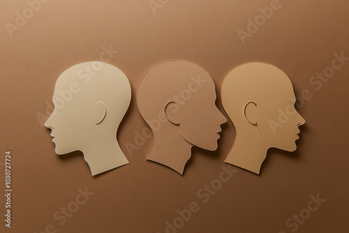 Three paper cutout human profiles in beige and brown shades on a brown background. Unity and diversity concept for design.