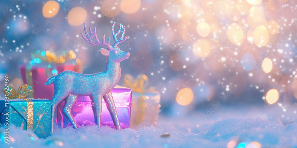 Iridescent decorative deer with glittery gift boxes in the snow, with Christmas lights in the background. Festive banner with copy space. Iridescent decorative deer with glittery gift boxes in the snow, with Christmas lights in the background. Festive banner with copy space.