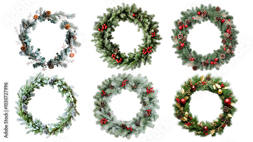 Set of Christmas wreaths isolated over a white or transparent background. Christmas decoration concept