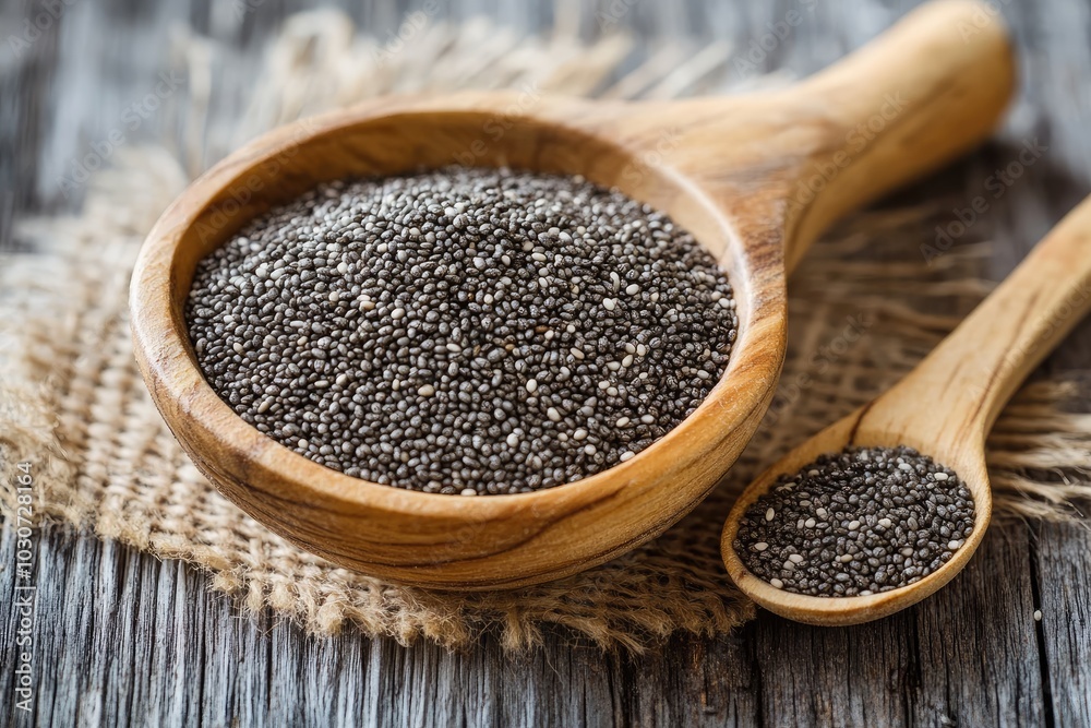 Chia seeds resting in wooden spoons on rustic background