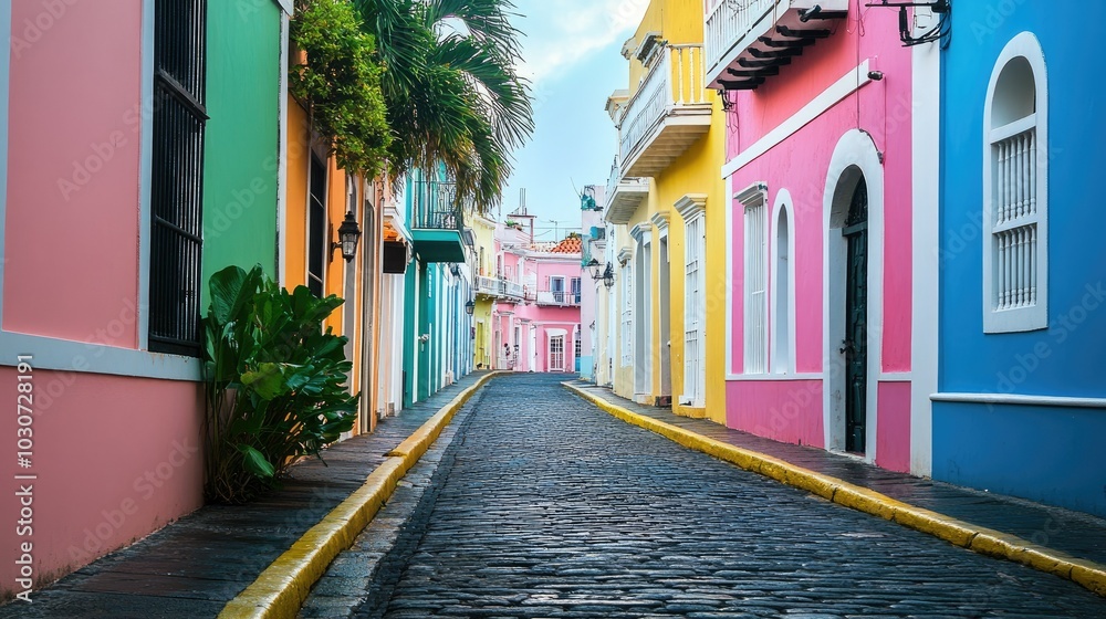 Fototapeta premium Colorful houses lining the streets of Old San Juan, Puerto Rico, with space for cop