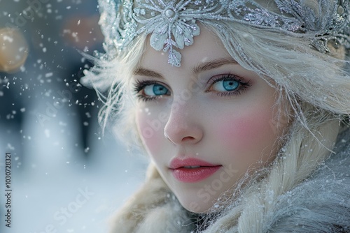 Beautiful snow queen wearing silver crown posing in winter