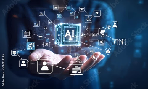 Digital hand holding a tablet with glowing text AI on a dark background, a digital technology concept for artificial intelligence and machine learning in the business industry.