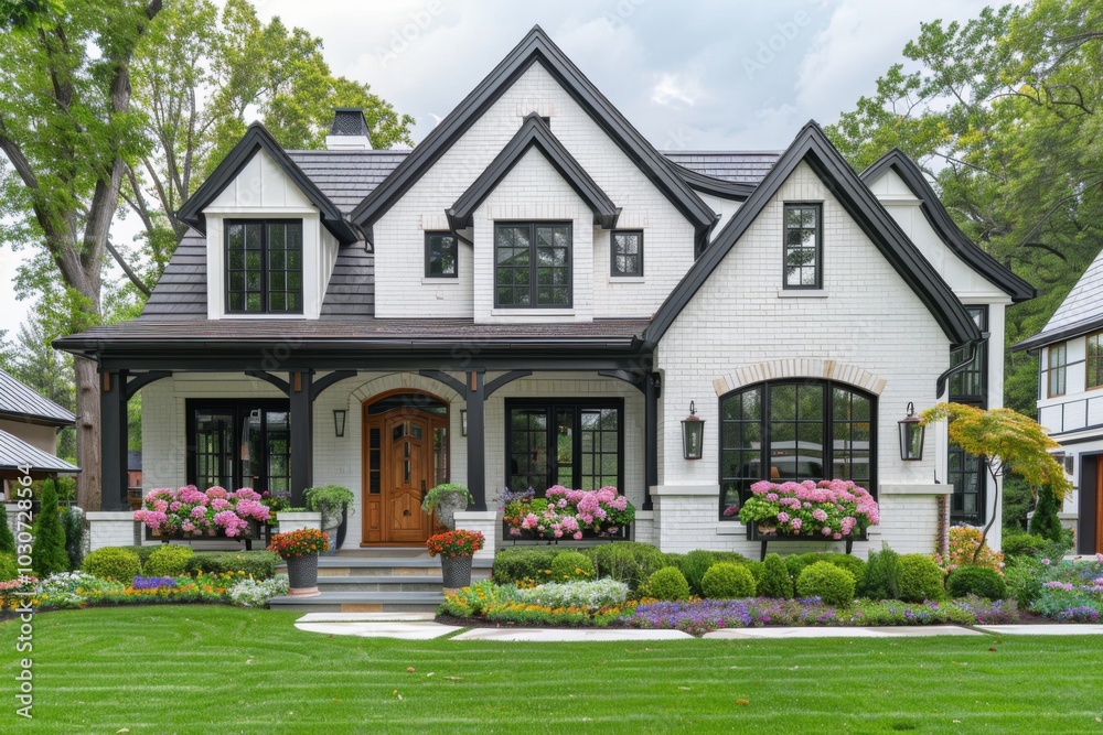 White painted brick home with gable roof, traditional farmhouse style, and elegant front porch with flowers.