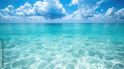 Crystal-clear waters of the Caribbean with large, blank sky for copy space