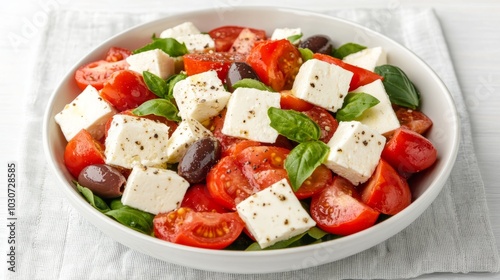 Fresh salad with cherry tomatoes, feta cheese, basil, olives and spices in white bowl.