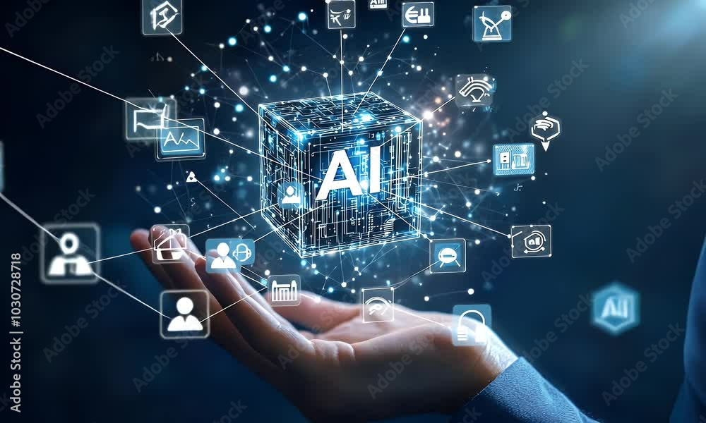 Digital hand holding a tablet with glowing text AI on a dark background, a digital technology concept for artificial intelligence and machine learning in the business industry.