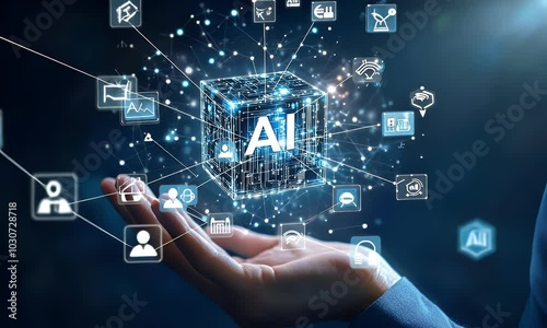 Digital hand holding a tablet with glowing text AI on a dark background, a digital technology concept for artificial intelligence and machine learning in the business industry.