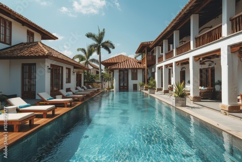 Wallpaper Mural Wide-angle shot of a luxury Sri Lankan hotel with white villas, wooden sunbeds, swimming pool, and coconut trees under blue sky. Torontodigital.ca