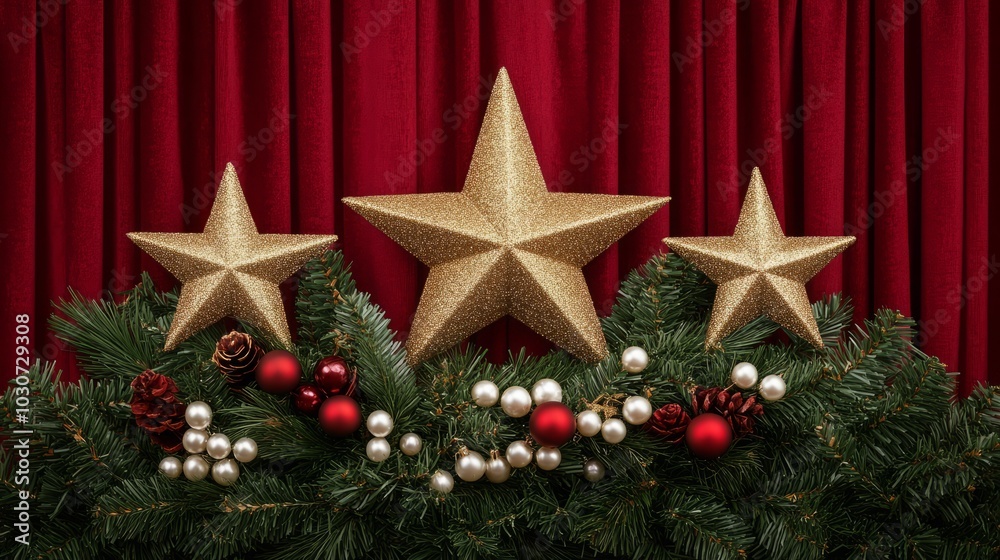 Three gold stars with glitter, pine branches, red and white ornaments against a red velvet backdrop. Three gold stars with glitter, pine branches, red and white ornaments against a red velvet backdrop.