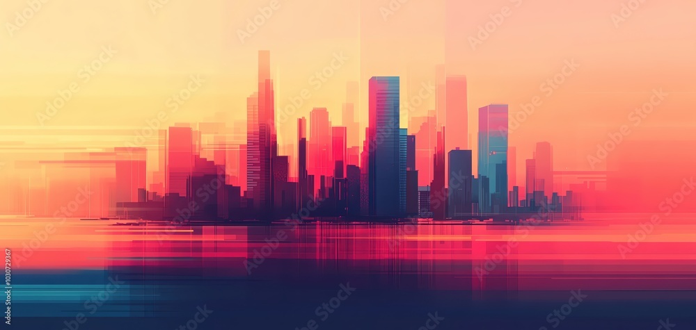 Abstract city skyline with vibrant colors and blurred motion effect