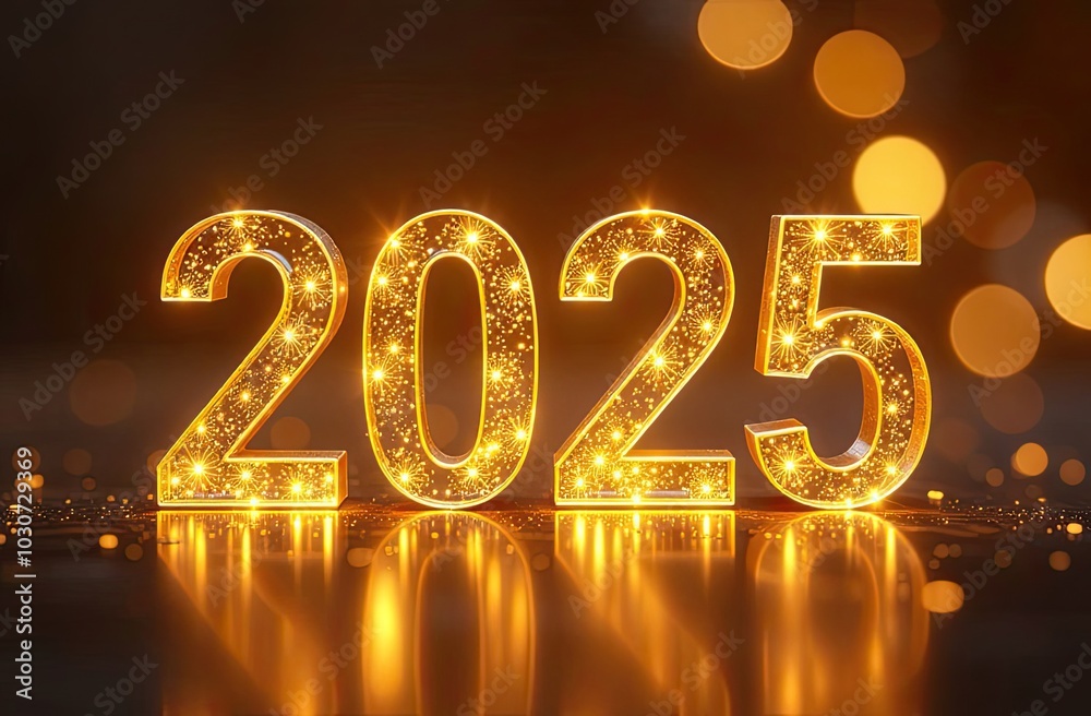 Transparent gold luminous numbers 2025 on festive golden New Year background with bokeh garlands, sequins, stars, snow. Greetings, postcard. Calendar, cover.