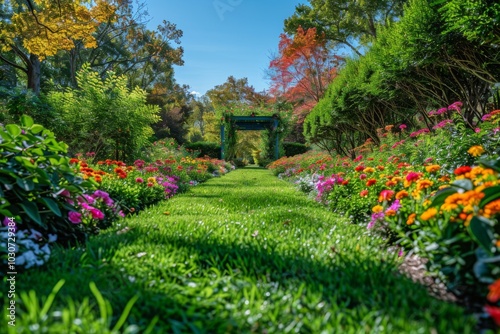 Wide-angle garden view with green lawn, colorful flowers, arbor, lush foliage, and varied trees in bright sunshine.