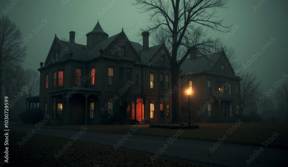 a house with a red door and a lit up house. a house with a red door and a lit up house.