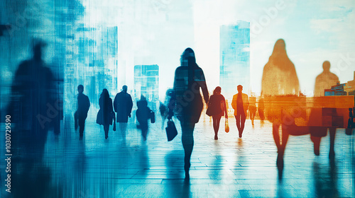 Blurred focus Business center, workers rushing to work, career growth, social problems