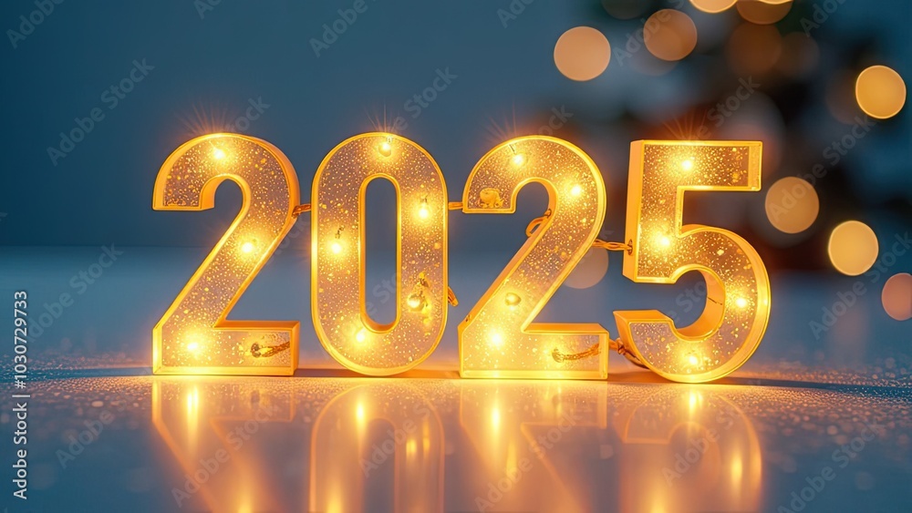 Transparent gold luminous numbers 2025 on festive blue New Year background with golden bokeh garlands, sequins, stars, snow. Greetings, postcard. Calendar, cover.