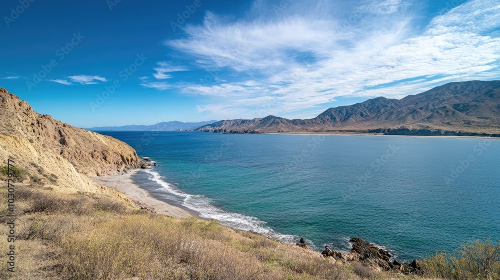 Expansive view of the Baja California coastline with room for copy in the sky Expansive view of the Baja California coastline with room for copy in the sky