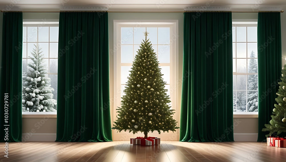 christmas tree stands tall behind living room window flowing green curtain