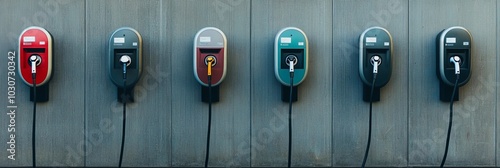 Colorful array of electric vehicle charging stations mounted on a gray wall, showcasing the growing infrastructure for sustainable transportation. photo