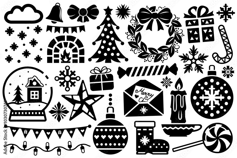 Naklejka premium Christmas illustrations, New Year design elements. Black flat illustrations set, Christmas eve decorations stylized abstract designs.