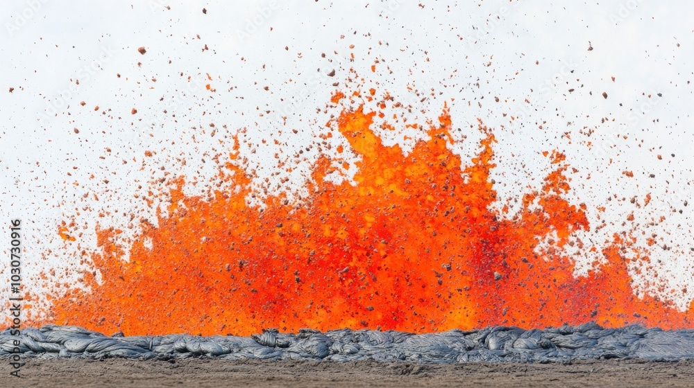 Fototapeta premium Fiery lava flows down the side of a volcano as it erupts, creating a dramatic and explosive natural background.