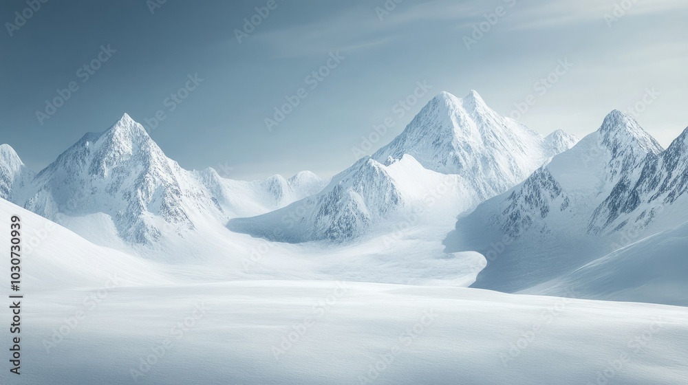 Obraz premium Frozen landscape in Alaska with snow-covered peaks and blank space in the sky for copy