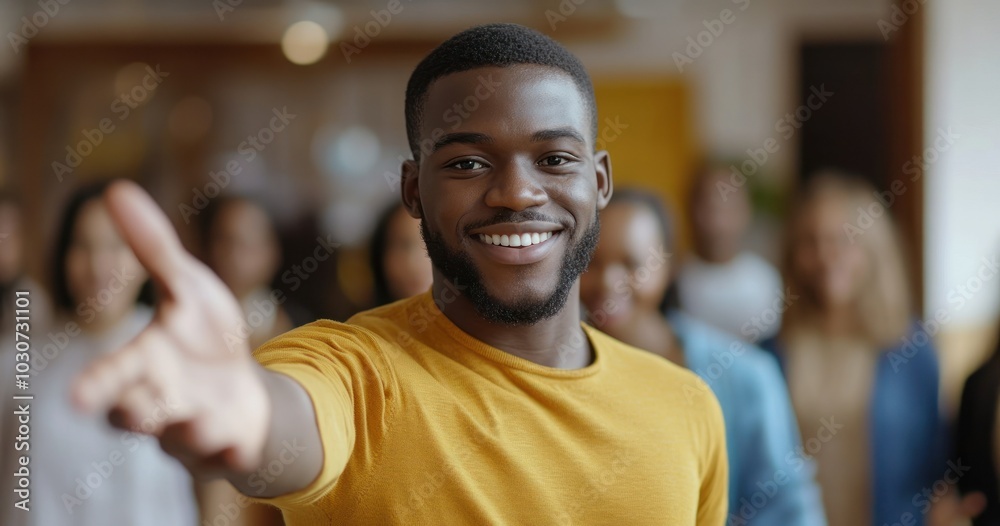 Excited young man offering a greeting with a smile Excited young man offering a greeting with a smile