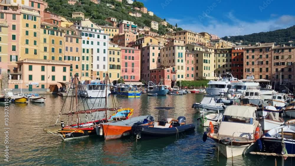 Camogli - Italy - Italian Riviera - colorful ships in the harbor Camogli - Italy - Italian Riviera - colorful ships in the harbor