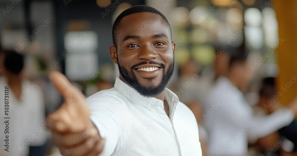 Fototapeta premium Smiling man in white shirt reaching hand forward