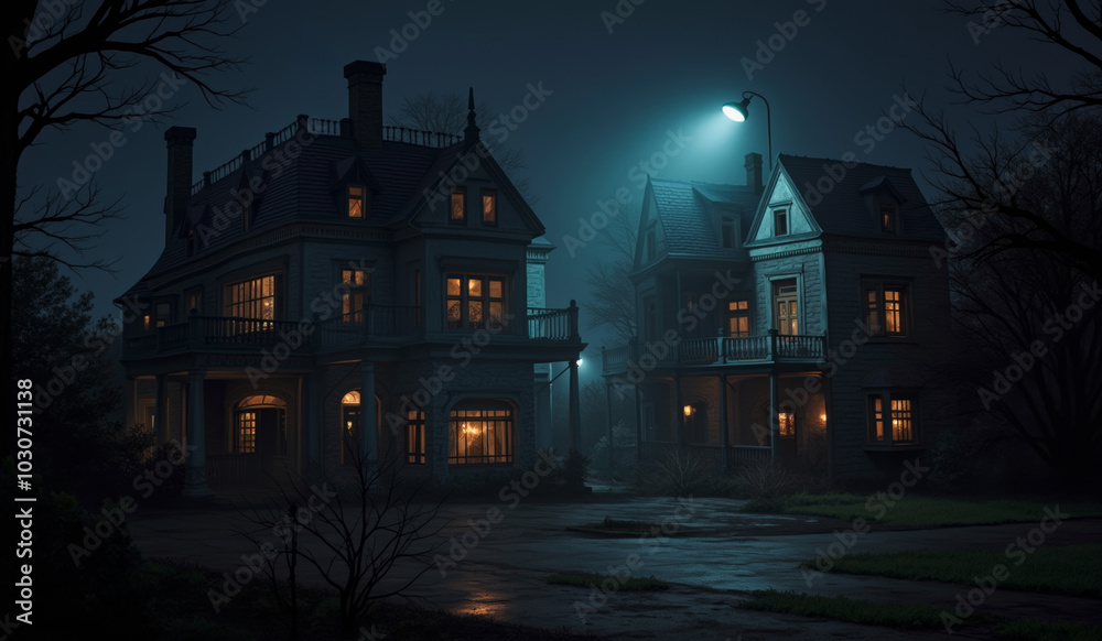 a house with a light on in the middle of it a house with a light on in the middle of it
