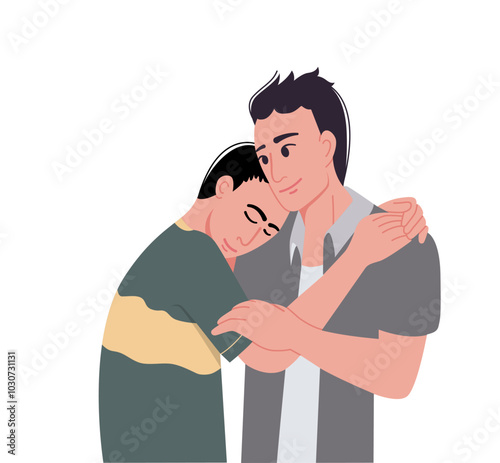 Homosexual male LGBT couple standing and hugging each other.