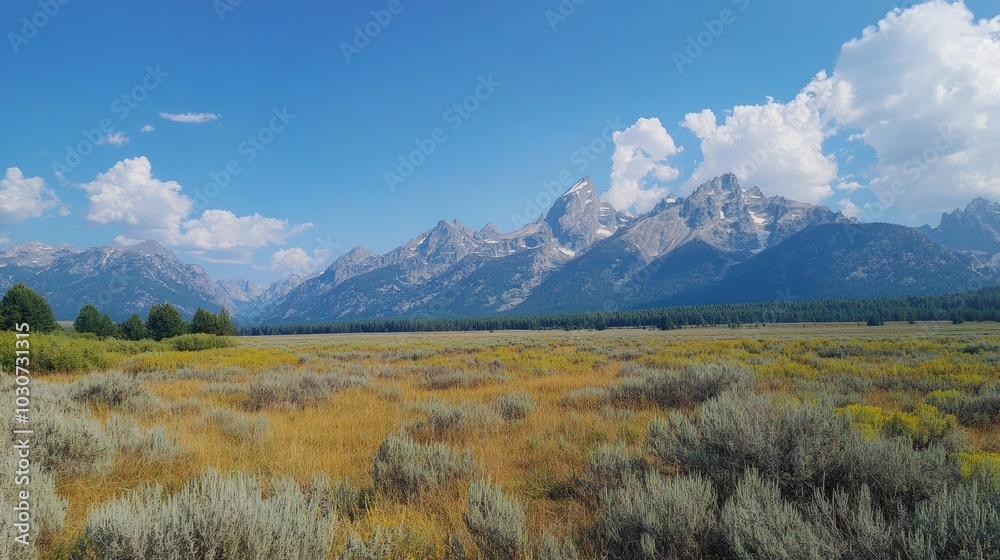 Grand Teton mountains with a vast open sky and plenty of room for text Grand Teton mountains with a vast open sky and plenty of room for text