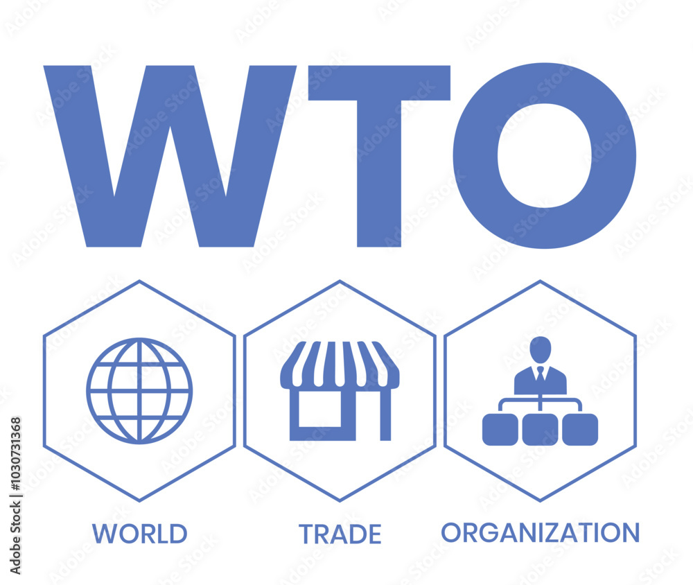 WTO - World Trade Organization acronym, business concept. word lettering typography design illustration with line icons and ornaments. Internet web site promotion concept vector lay WTO - World Trade Organization acronym, business concept. word lettering typography design illustration with line icons and ornaments. Internet web site promotion concept vector lay