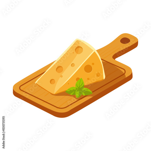 Cheese slice on wooden cutting board with handle. Flavourful basil leaf Dairy product, organic farm food, dairy food Vector illustration Isolated	